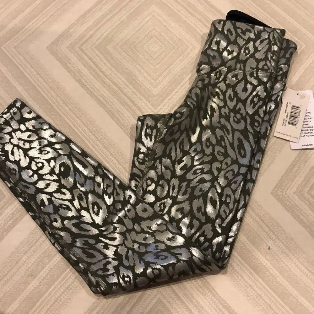 Heroine Sport Army Green Leggings with Silver Cheetah Print - Multiple Sizes